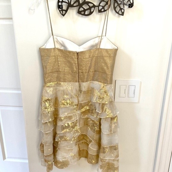 AIDAN MATTOX Silk Gold Leaf Ruffle Mini Dress 4 - Picture 6 of 10